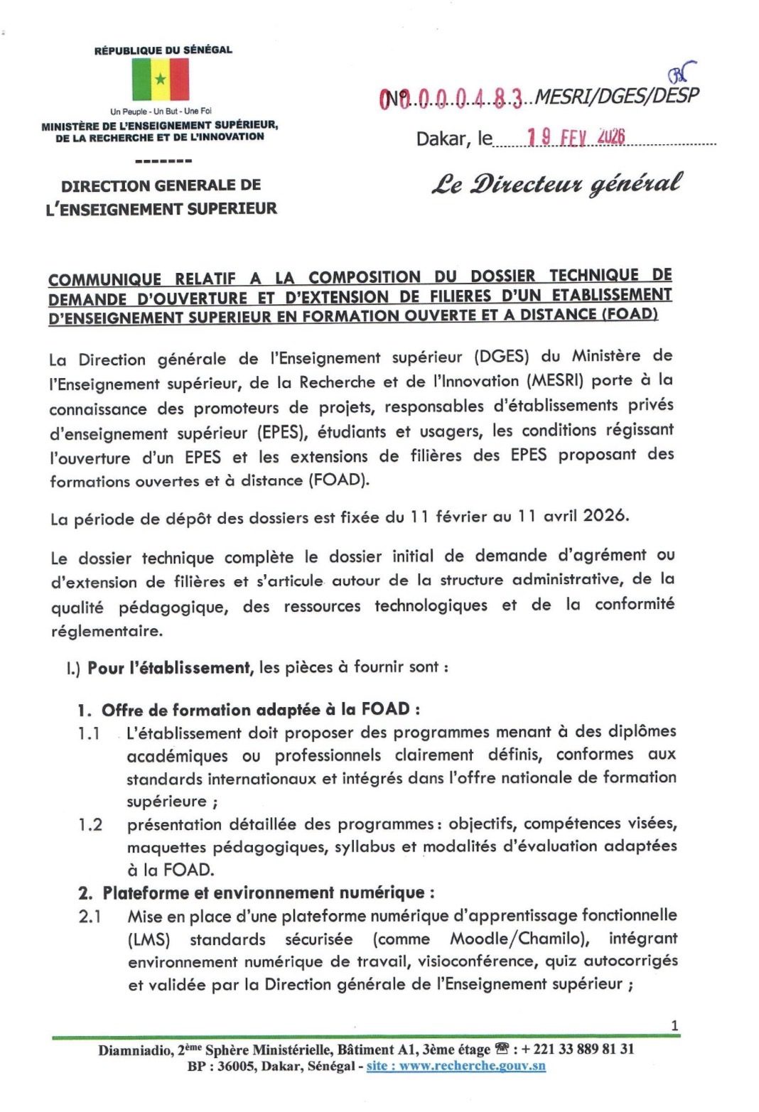 Composition du dossier technique de demande d’ouverture et d’extension de filières d’un établissement d’enseignement supérieur en formation ouverte et à distance (foad)