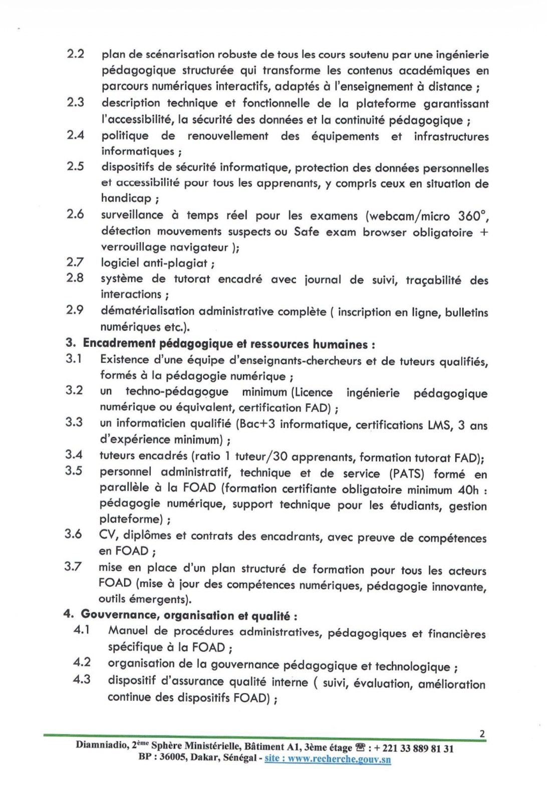 Composition du dossier technique de demande d’ouverture et d’extension de filières d’un établissement d’enseignement supérieur en formation ouverte et à distance (foad)