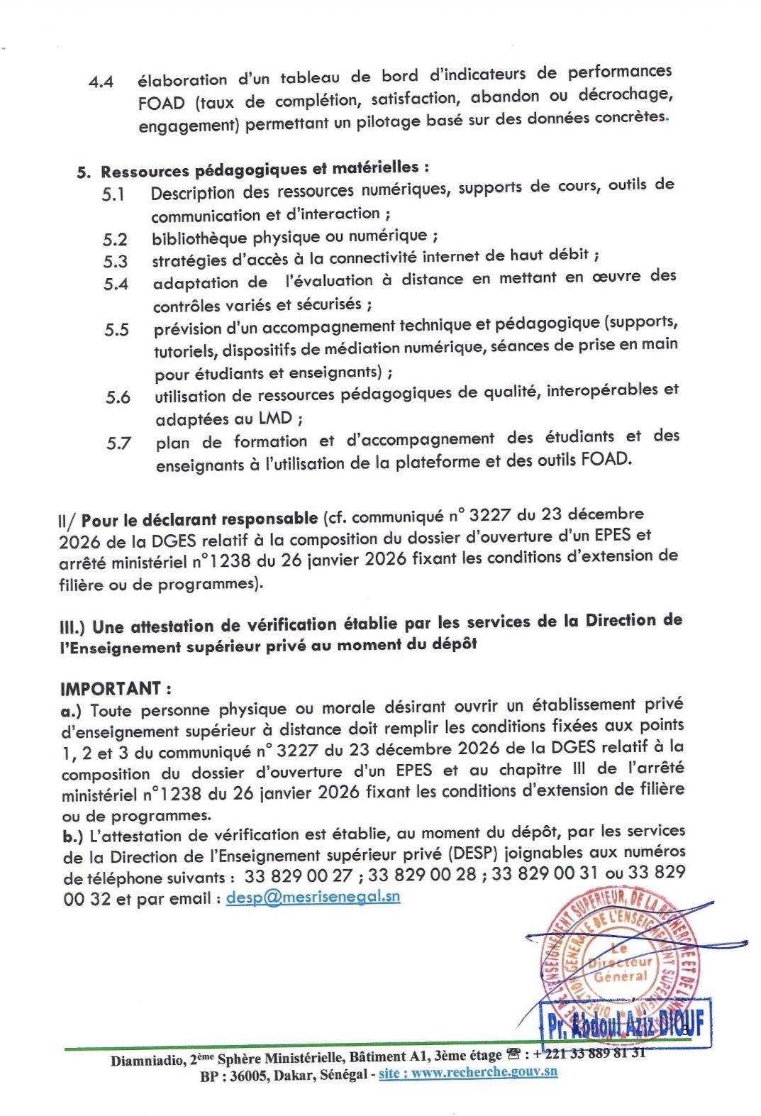 Composition du dossier technique de demande d’ouverture et d’extension de filières d’un établissement d’enseignement supérieur en formation ouverte et à distance (foad)