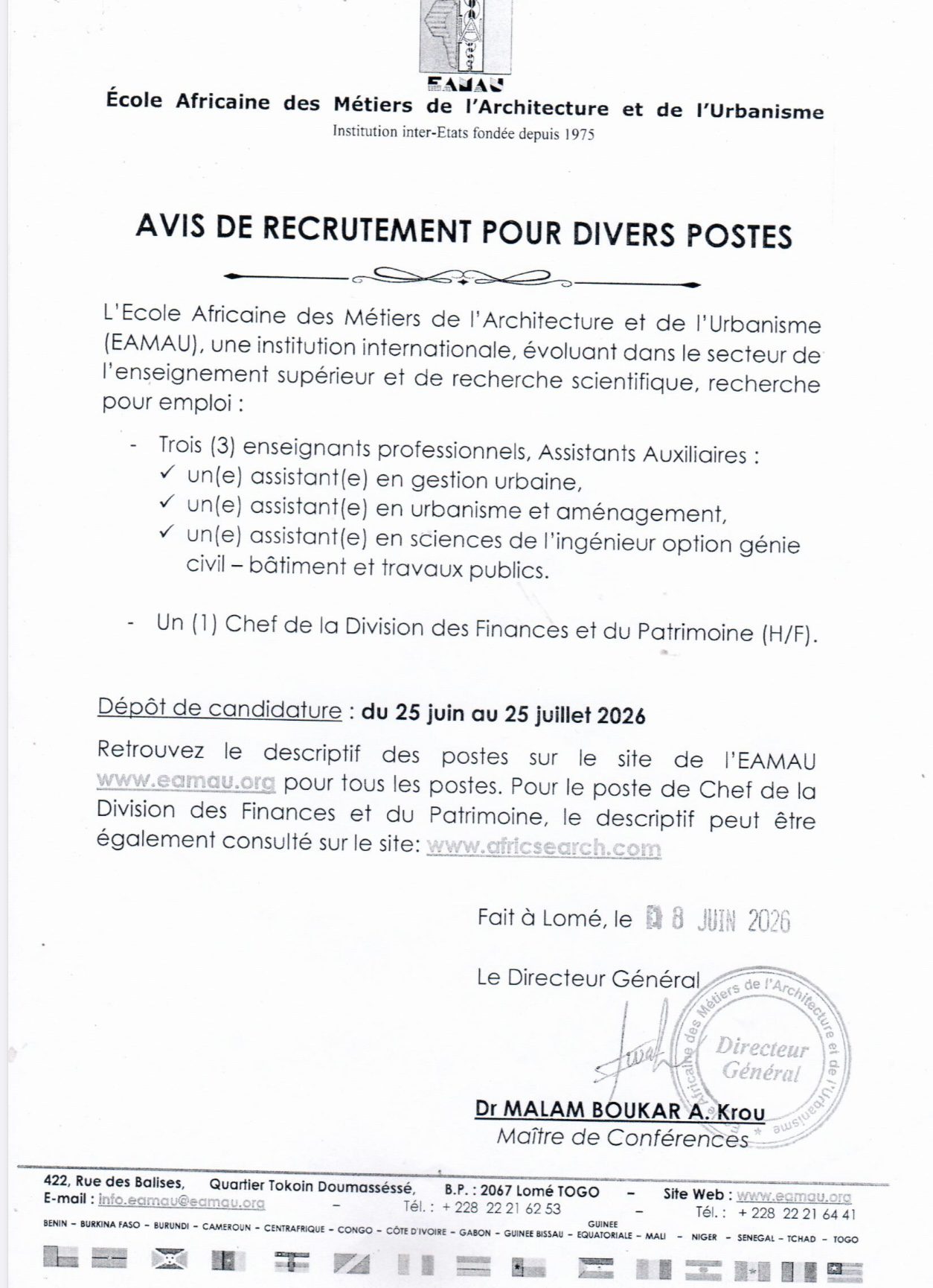 EAMAU: Avis de recrutement pour divers postes