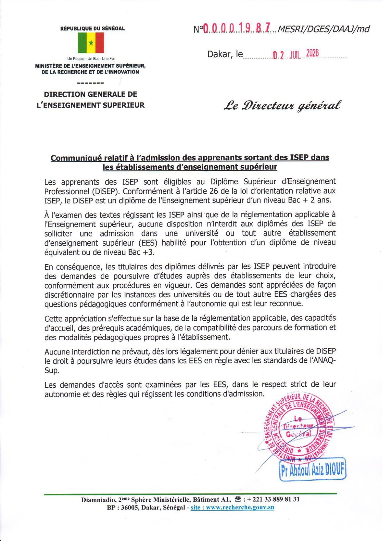Communiqué relatif à l’admission des apprenants sortant des ISEP dans les établissements d’enseignement supérieur