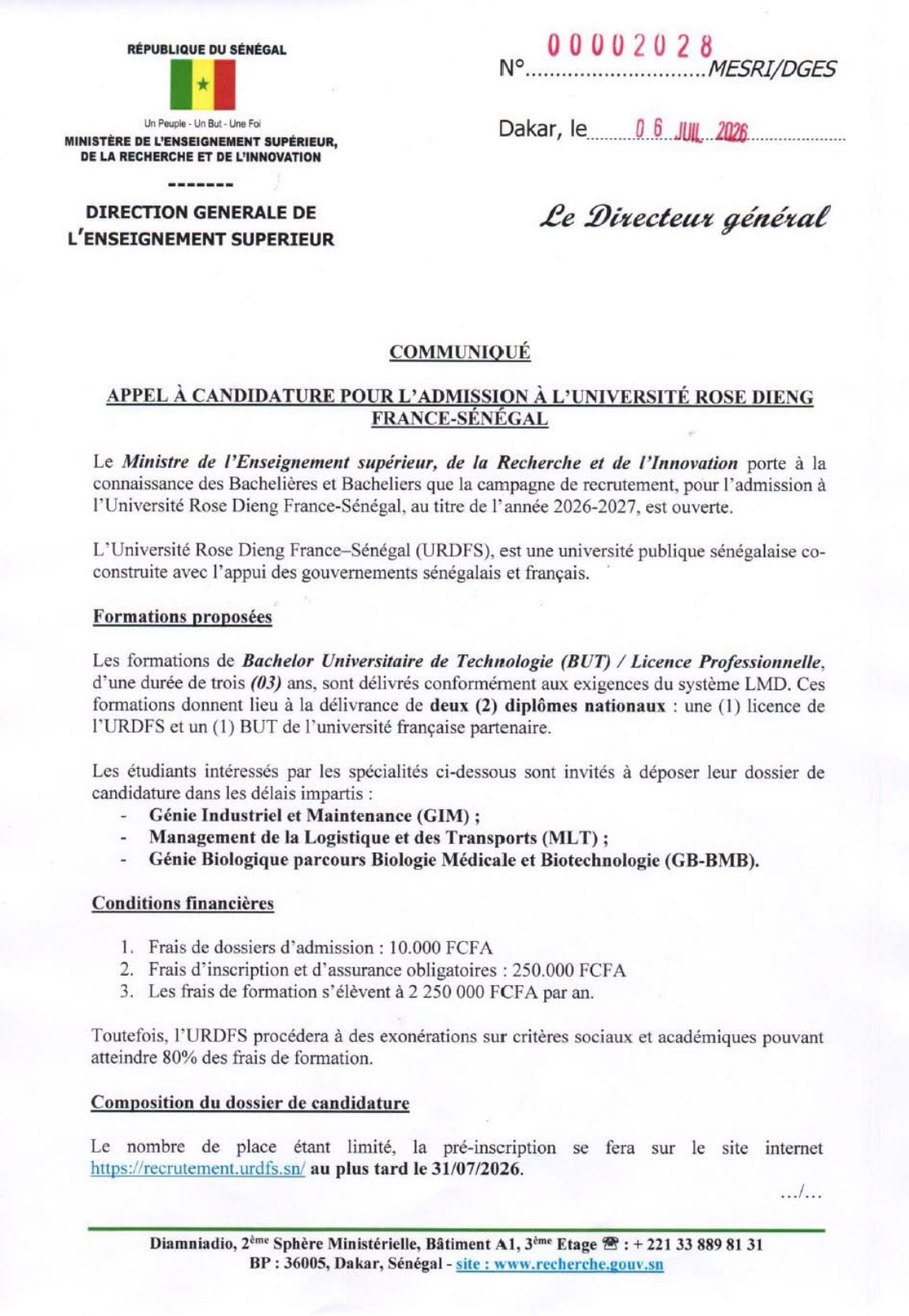 Admission 2026-2027 : ouverture des candidatures à l’Université Rose Dieng France-Sénégal
