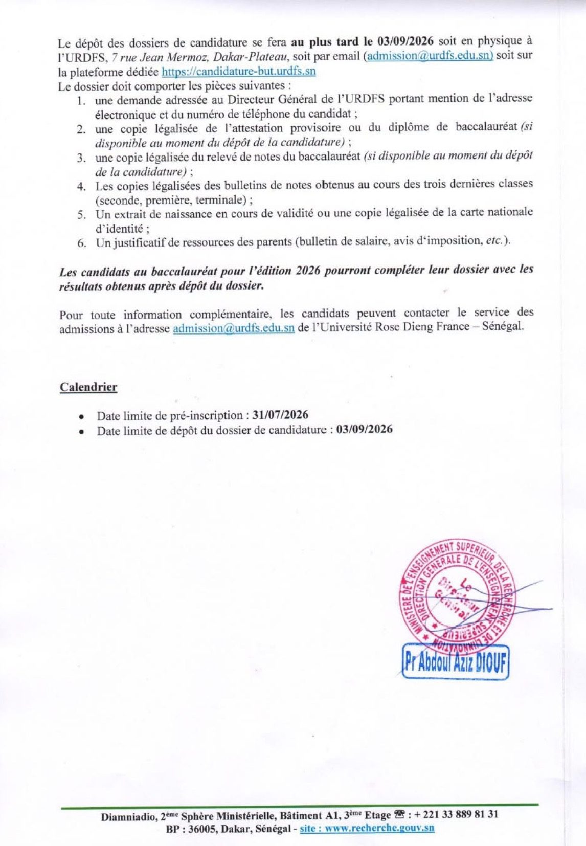 Admission 2026-2027 : ouverture des candidatures à l’Université Rose Dieng France-Sénégal