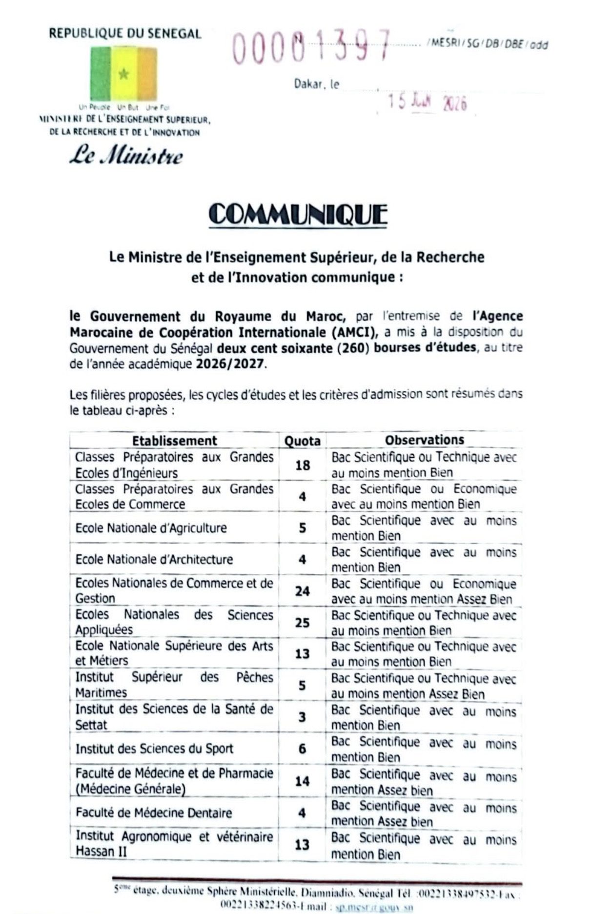 260 bourses d’études du Royaume du Maroc offertes aux étudiants sénégalais pour 2026-2027