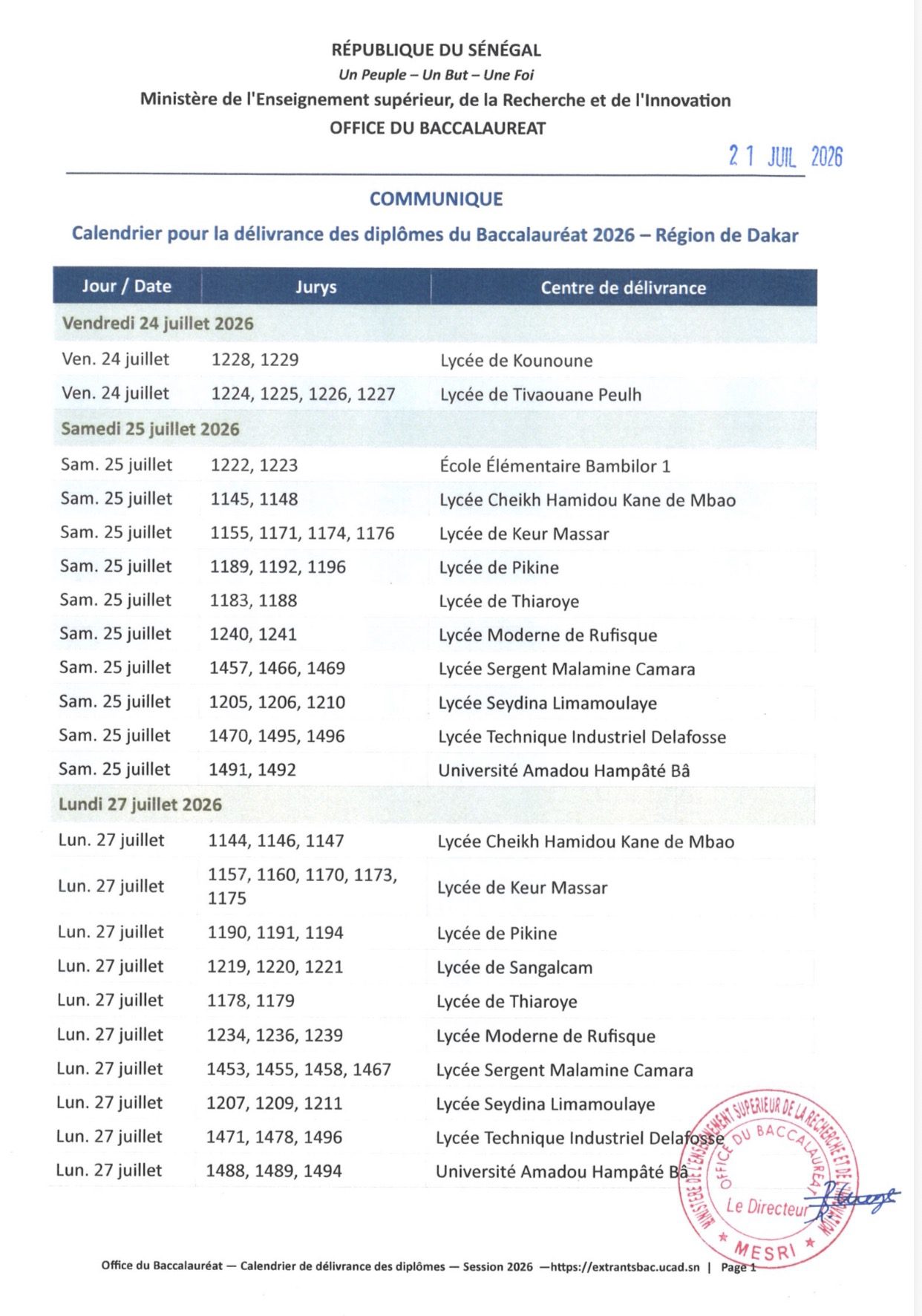 Calendrier pour la délivrance des diplômes du Baccalauréat 2026 – Région de Dakar