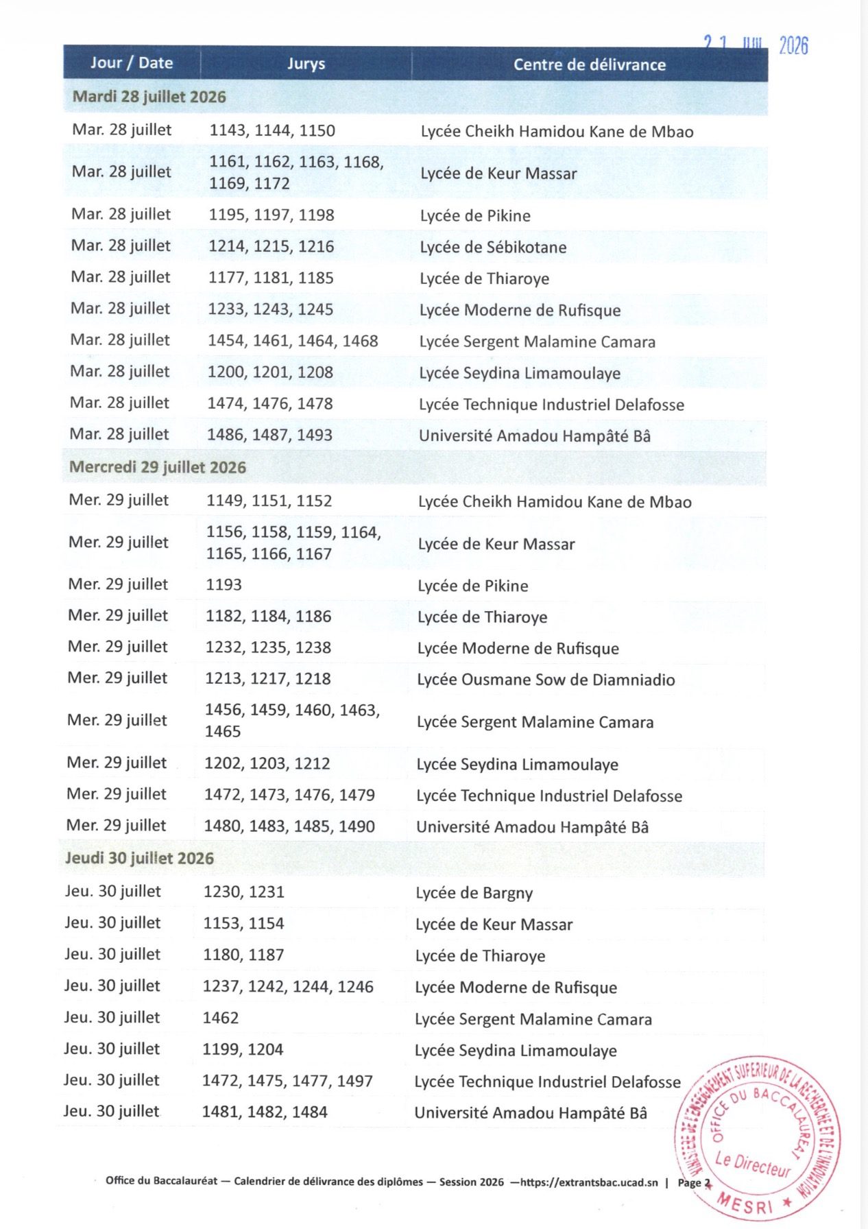 Calendrier pour la délivrance des diplômes du Baccalauréat 2026 – Région de Dakar