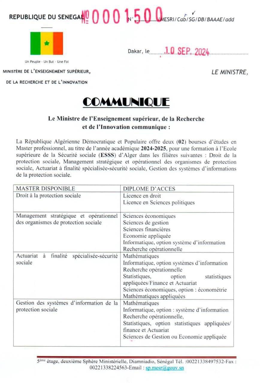 (02) bourses d’études en Master professionnel, au titre de l’année académique 2024-2025, pour une formation à l’Ecole supérieure de la Sécurité sociale (ESSS) d’Alger