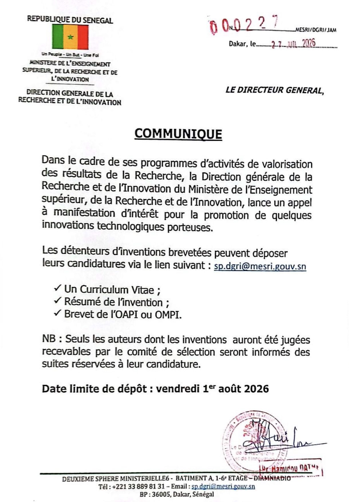 Appel à manifestation d’intérêt pour la promotion des innovations technologiques porteuses