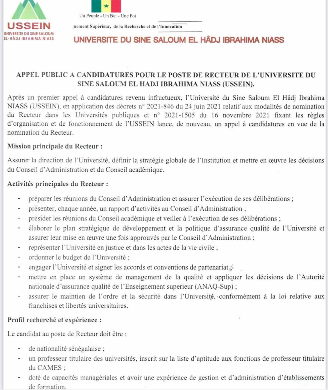 Appel public à candidatures pour le poste de recteur de l’université du Sine Saloum El Hadji Ibrahima Niass (USSEIN)