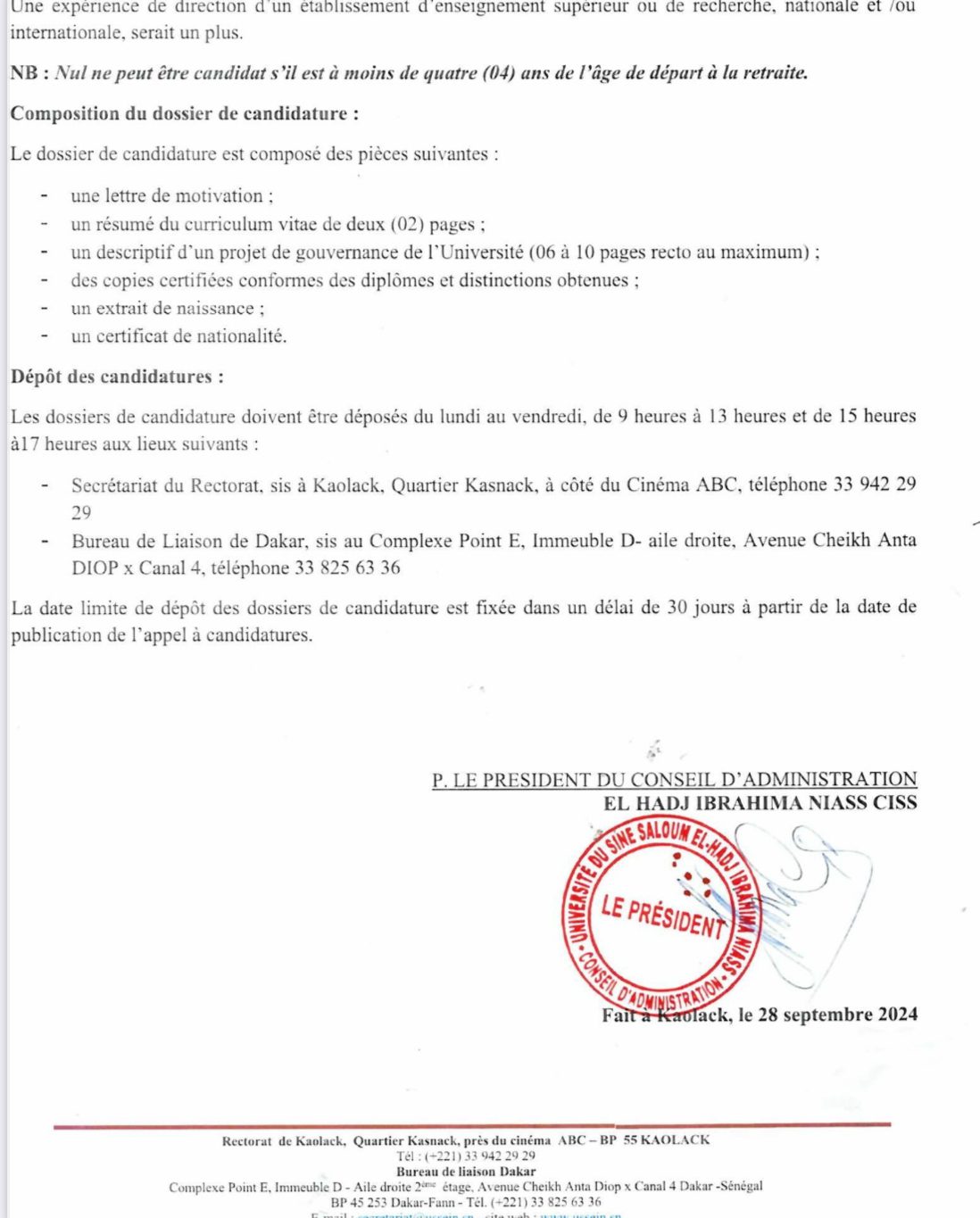 Appel public à candidatures pour le poste de recteur de l’université du Sine Saloum El Hadji Ibrahima Niass (USSEIN)