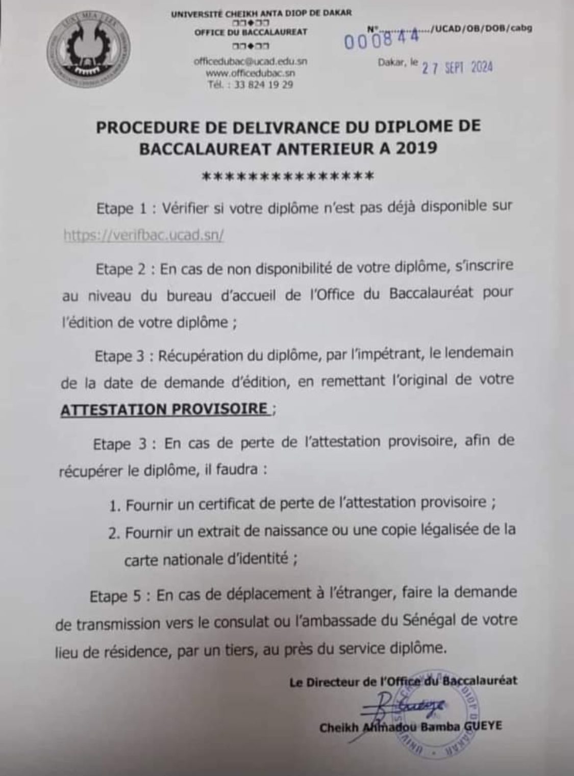 Office du BAC: Demandes et vérification de documents