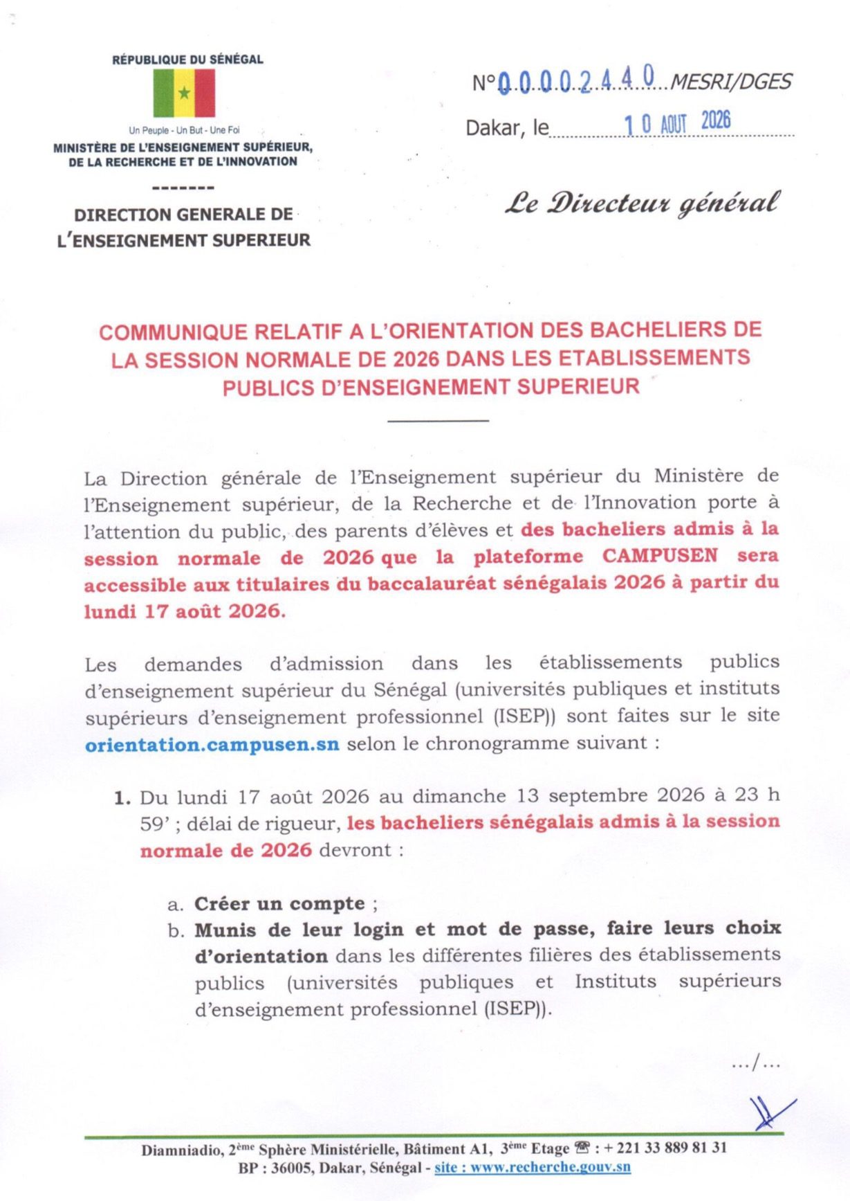 Orientation des bacheliers 2026 : ouverture de la plateforme CAMPUSEN le 17 août