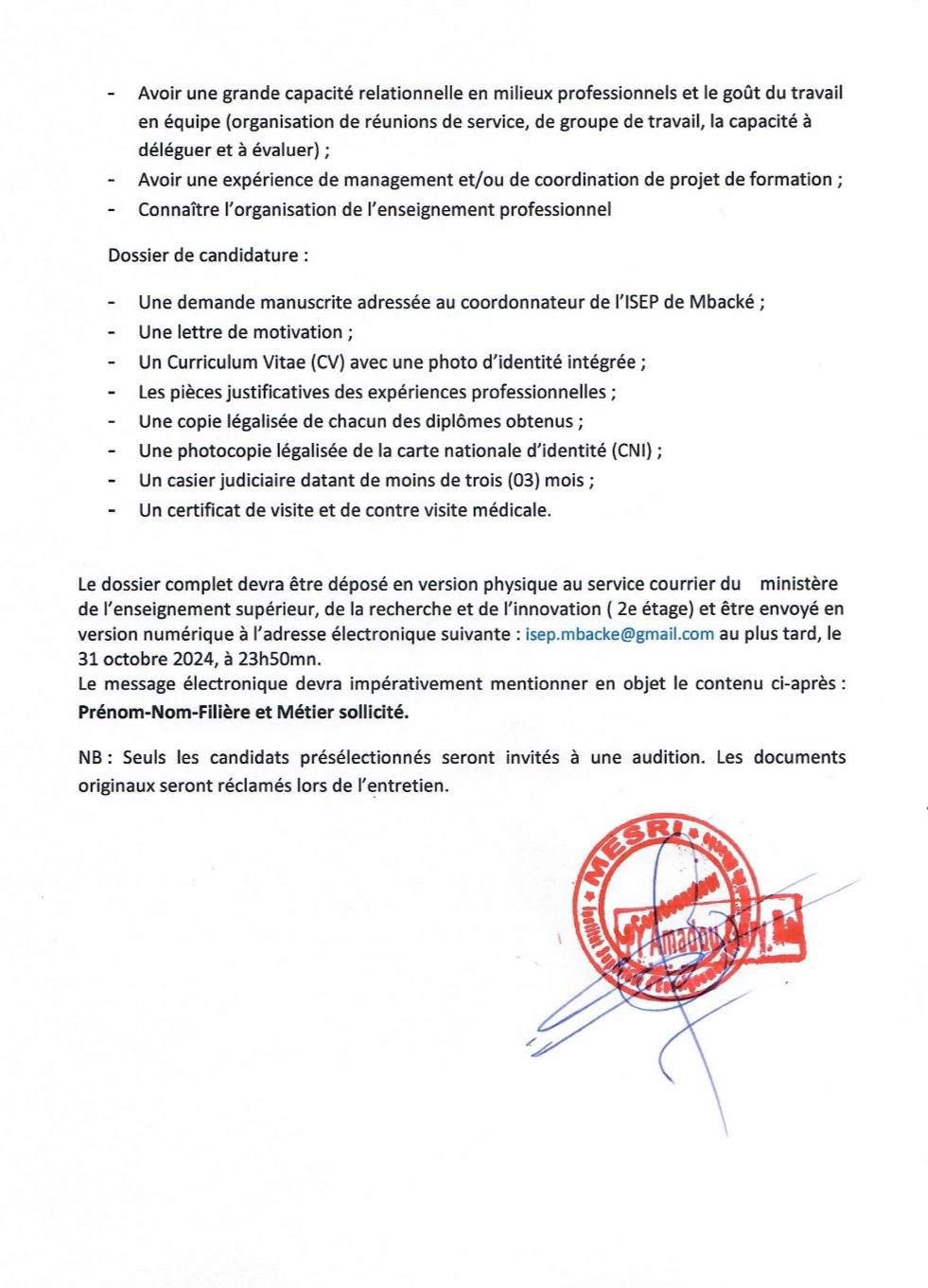 ISEP MBACKE: Appels à candidatures