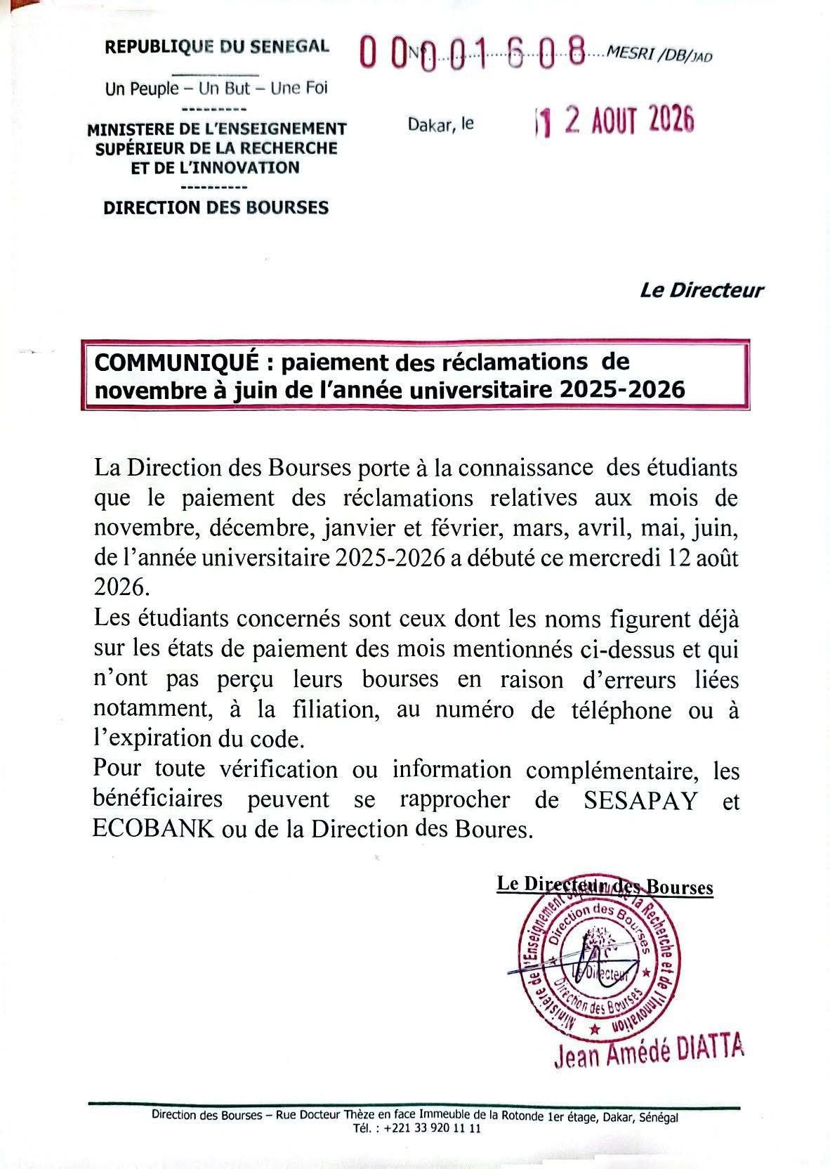 Bourses: Paiement des réclamations de novembre à juin de l’année académique 2025-2026