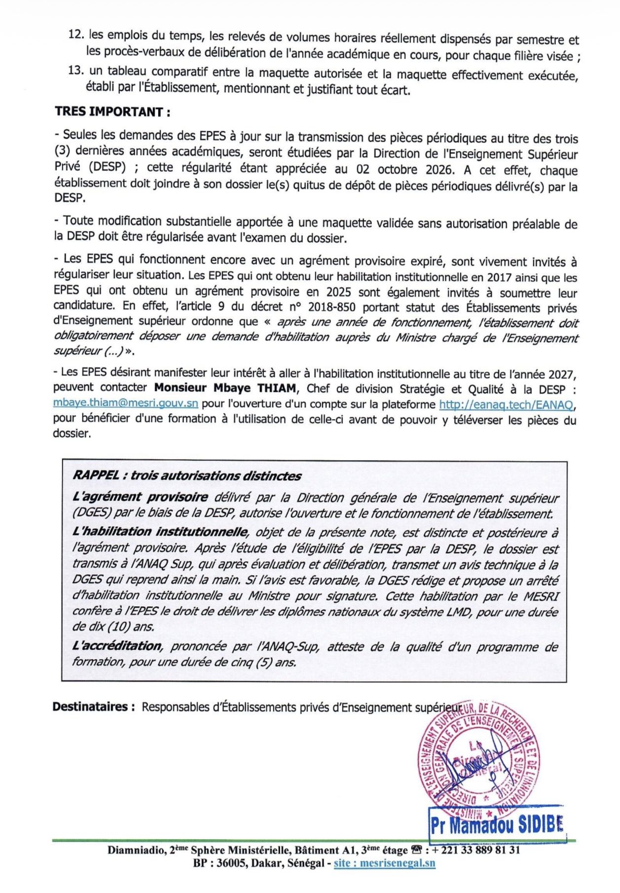 Note d’Information relative à l’Habilitation Institutionnelle des Établissements privés d’Enseignement supérieur (EPES) à délivrer des diplômes de Licence, de Master et de Doctorat d’exercice (LMD)