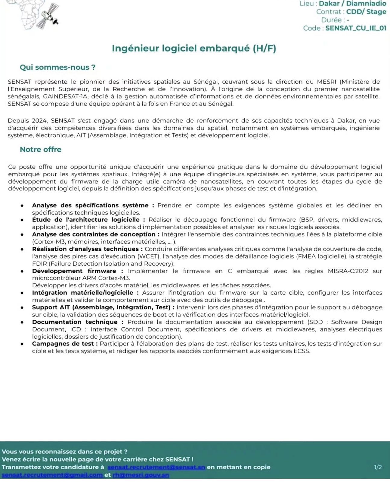 SENSAT recrute un(e) Ingénieur(e) logiciel embarqué pour ses nanosatellites