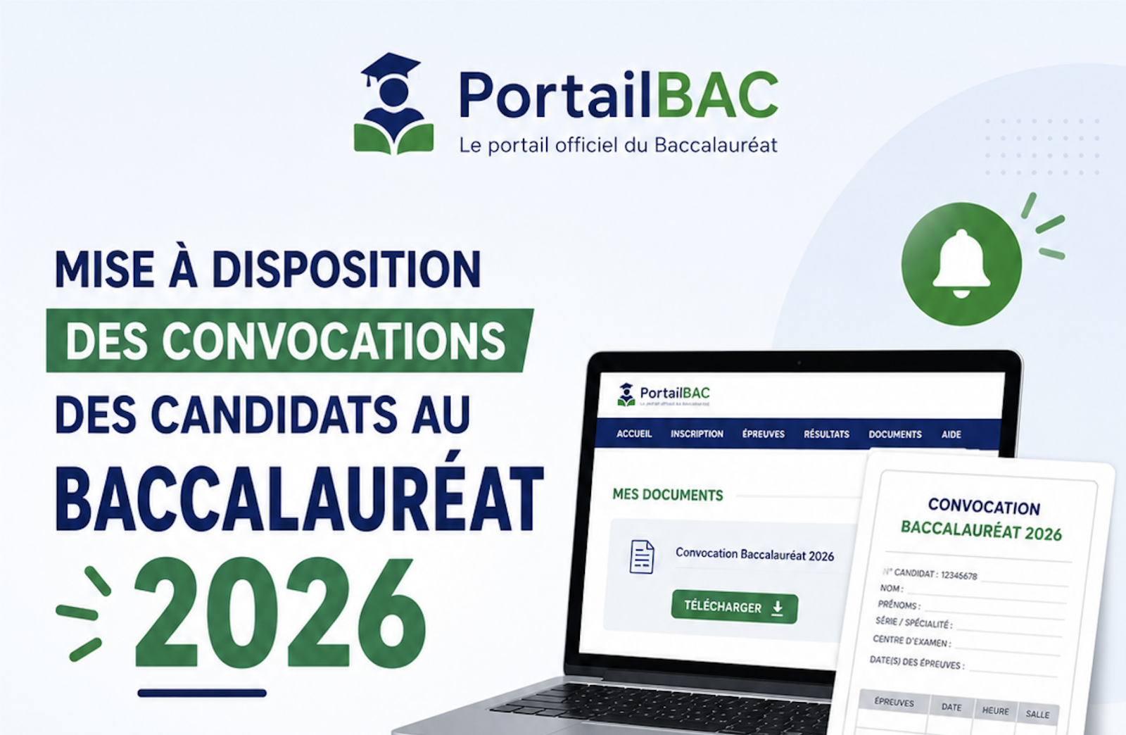 Mise à disposition des convocations des candidats au Baccalauréat 2026 sur PortailBAC