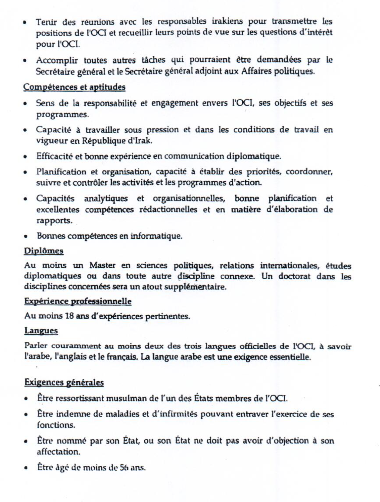 OCI: Avis de vacance de poste de Directeur Général de bureau de l’OCI à Bagdad