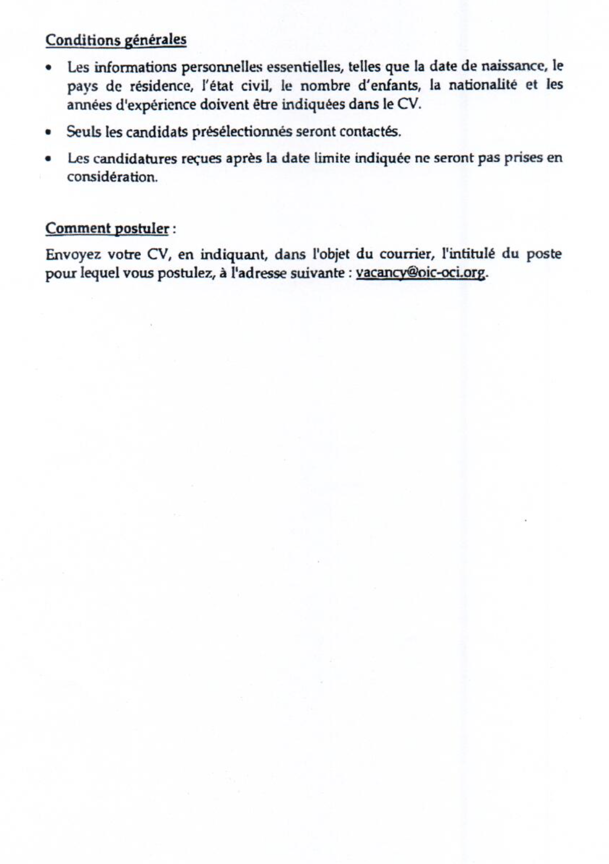 OCI: Avis de vacance de poste de Directeur Général de bureau de l’OCI à Bagdad