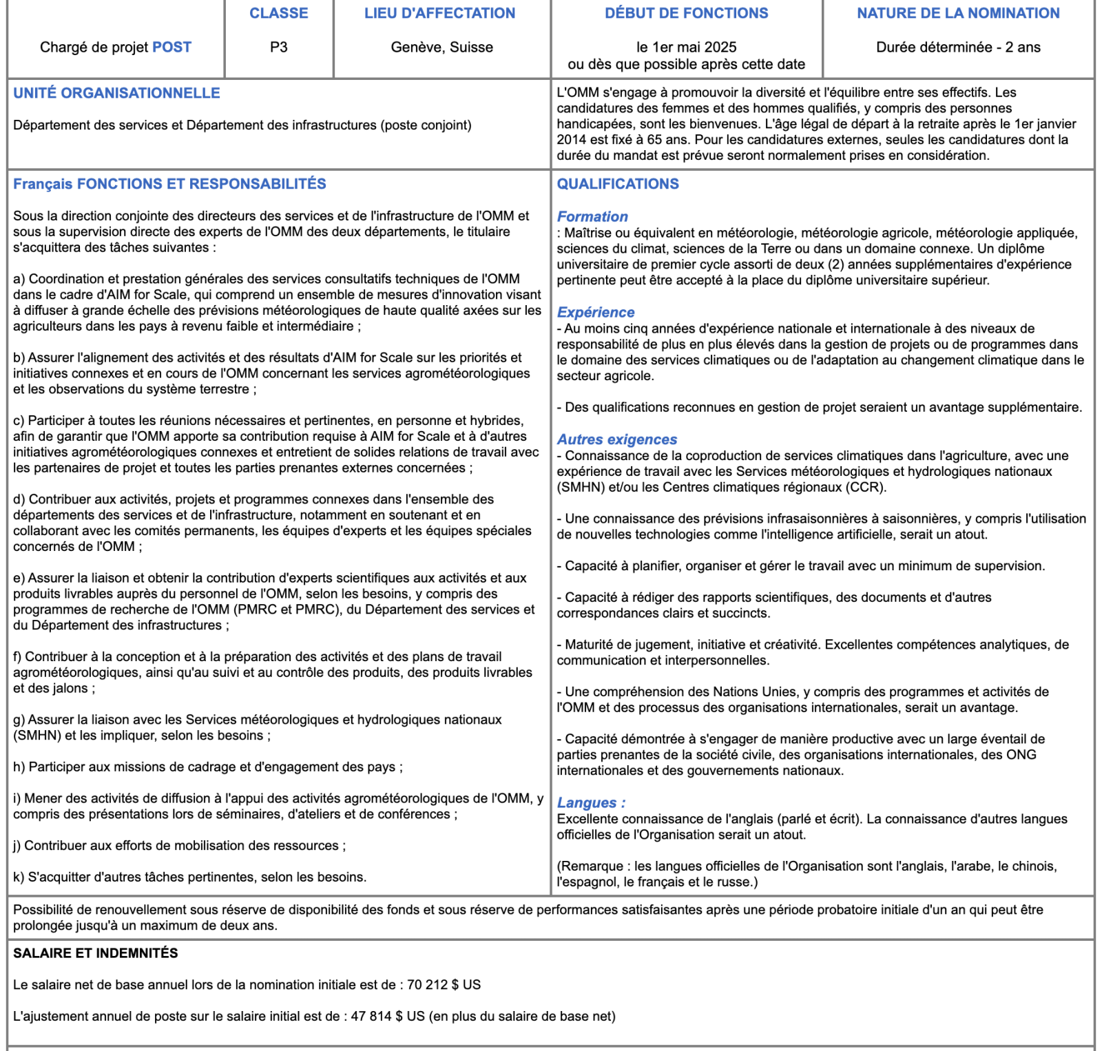 Avis de vacance de poste au sein de l’Organisation Météorologique Mondiale (OMM)