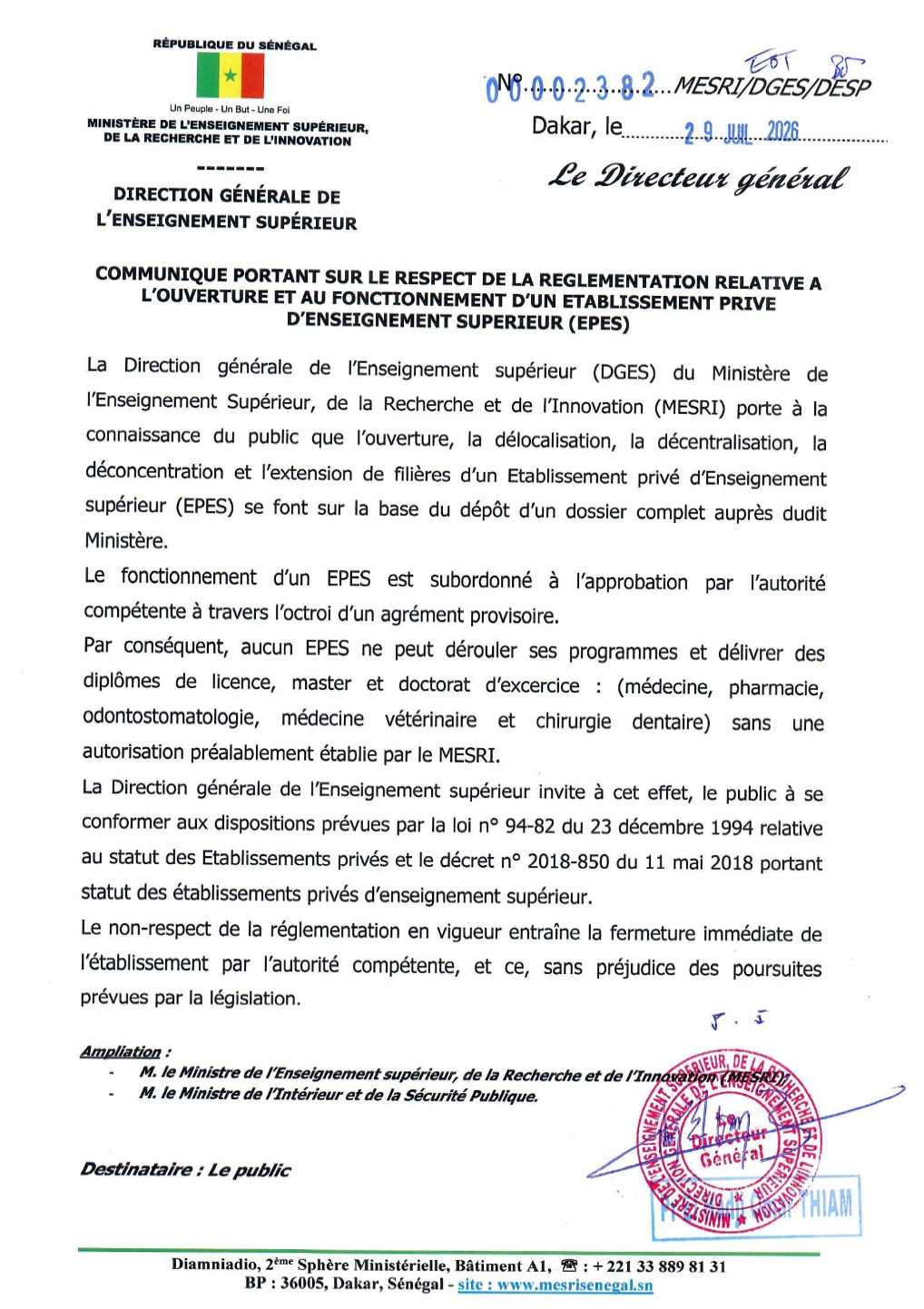 Communiqué portant sur le respect de la réglementation relative à l’ouverture et au fonctionnement d’un établissement privé d’enseignement supérieur (EPES)