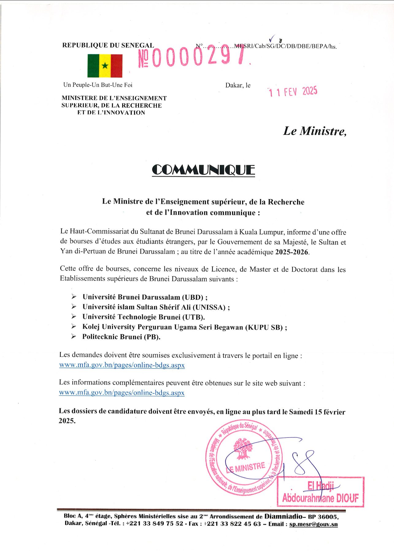 Bourses d’études de Brunei Darussalam au titre de l’année académique 2025-2026