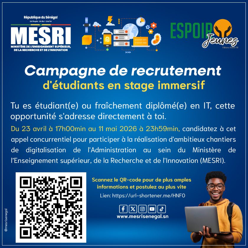 Campagne de recrutement d’étudiants en stage immersif au MESRI