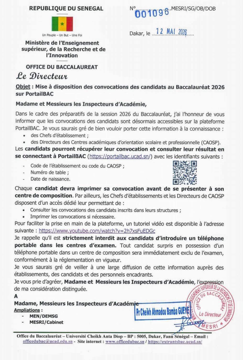 Mise à disposition des convocations des candidats au Baccalauréat 2026 sur PortailBAC