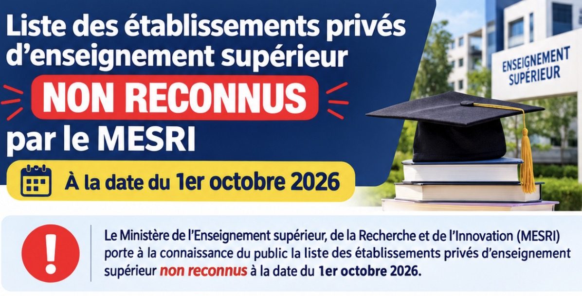Liste des établissements privés d’enseignement supérieur non reconnus par le MESRI à la date 1er octobre 2026